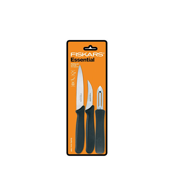 Essential Sada na lúpanie - nôž lúpací 7 cm, nôž okrajovací 11 cm, škrabka na zeleninu FISKARS 10241
